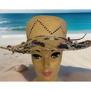 Floral Raffia Sun Hat Straw Natural Handmade Brim Ribbon Purple White Flowers